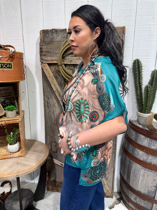 Turquoise Concho Rodeo Poncho Top – Western Horse Graphic Cowgirl Blouse-One Size Fits Upto 2X
