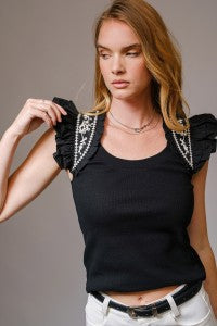 Embroidered Ruffle Shoulder Tank Top- Black