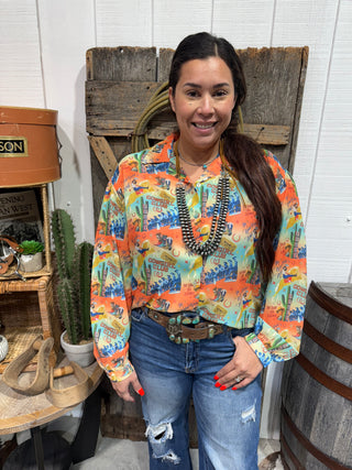 Wild West Cowgirl Club Collage Retro Print Button Down Top