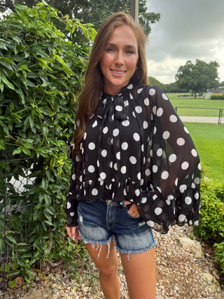Black & White Polka Dot Chiffon Bow Tie Blouse | Flowy Ruffle High Low Hem Top