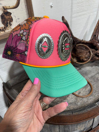 Western Concho Trucker Hat – Pink & Turquoise Mesh Snapback with Silver Conchos