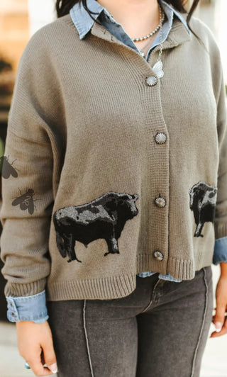 Ranch Royalty Taupe Western Cardigan – Angus Bull Graphic Button-Up Sweater