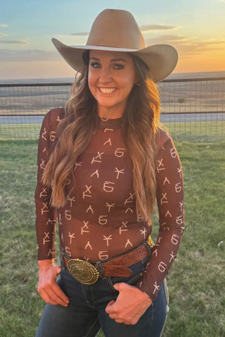 Sterling Kreek Chocolate Cattle Brand Mesh Top for Women | Western Sheer Long Sleeve Cowgirl Layering Top