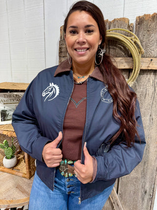 Lucky Rider Western Jacket – Navy Embroidered Horse & Horseshoe Barn Jacket