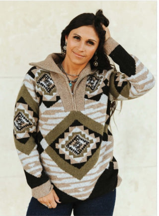 Western Aztec Quarter Zip Pullover Sweater – Cozy Neutral Brown & Black