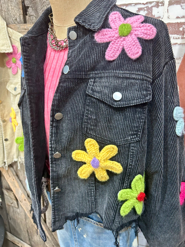 Distressed Corduroy Jacket with Multi Colored Flower Crochet Patches- Two Colors