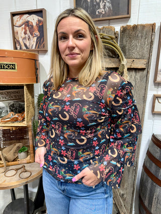 Black Western Cowboy Print Mesh Top for Women – Yee Haw Horseshoe Shirt, Ruffle Sleeve Cowgirl Boutique Blouse