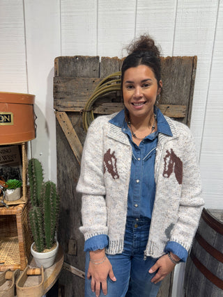 Western Horse Graphic Zip Cardigan Sweater – Cowgirl Cozy Bucle’ Knit with Horse Pockets