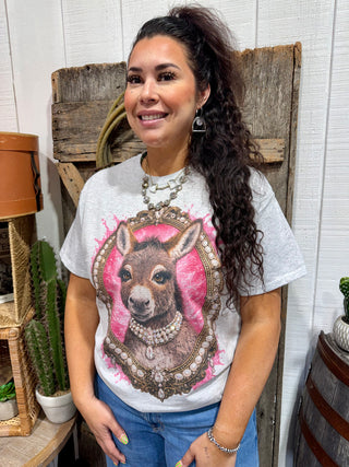 Pink Donkey Graphic Tee with Rhinestone Frame | Western Cowgirl Statement Shirt