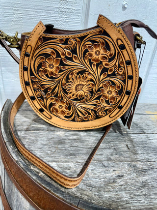 
American Darling Horseshoe Tooled Leather Crossbody Bag – Western Floral Carved Purse