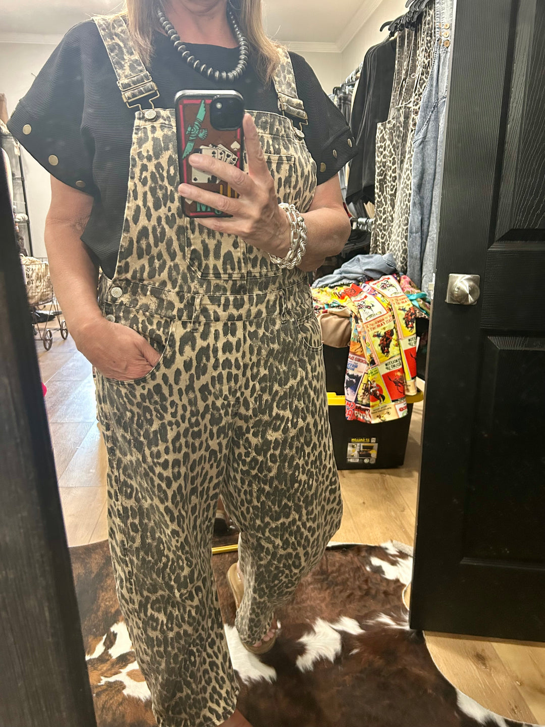 Leopard Print Barrel Overalls