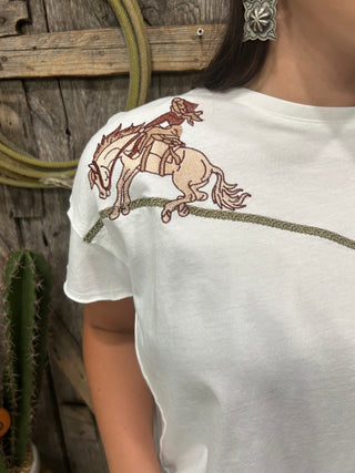 The Lone Cowgirl Embroidered Yoke High Low T Shirt-White