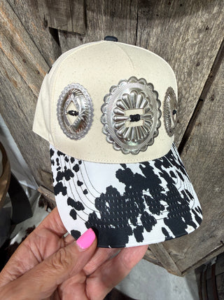 Cow Print Concho Trucker Hat – Western Cowgirl Statement Cap