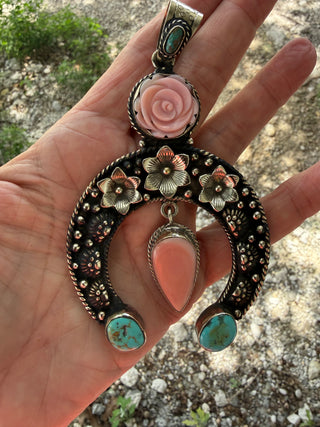 Tibetan Pink Conch & Kingman Turquoise Horseshoe Pendant | Sterling Silver Statement Necklace Pendant