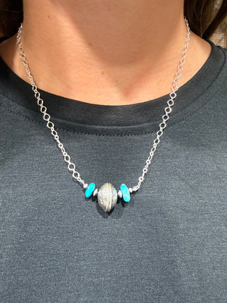 Sterling Silver Mercury Dime Bar Necklace with Turquoise | Western Desert Pearl Necklace