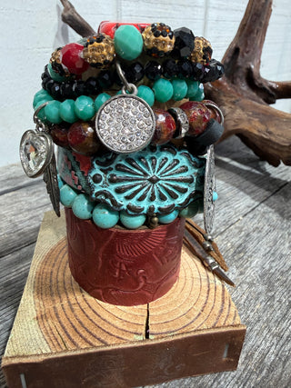 Western Turquoise & Red Bracelet Stack with Leather Cuff, Concho & Crystal Charm-Set Of 7