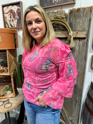 Pink Western Cowboy Print Mesh Top for Women – Ruffle Sleeve Cowgirl Shirt, Long Sleeve Western Boutique Blouse