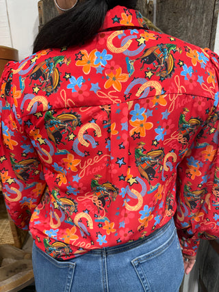 Red Yeehaw Bow Tie Western Top | Cowgirl Chic Blouse- Non Sheer
