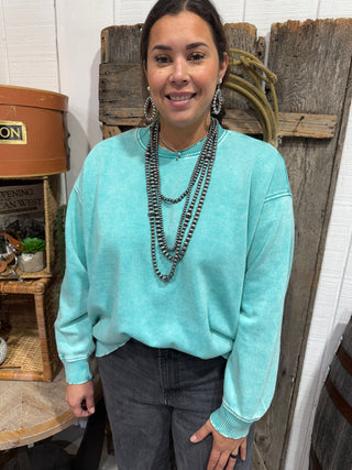 Zenana Turquoise Acid Wash Crewneck Sweatshirt