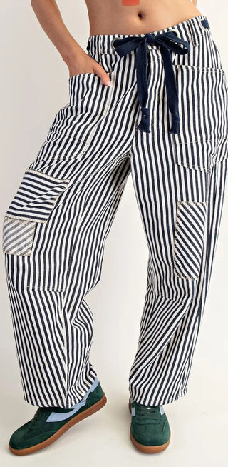 Striped Barrel Cargo Pants with Drawstring Waist