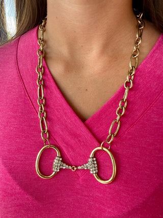 Gold Rhinestone Snaffle Bit Necklace | Equestrian Statement Necklace
