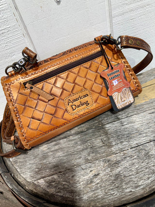 Back of American Darling Hand-Tooled Leather Crossbody Clutch – Western Floral Carved Purse