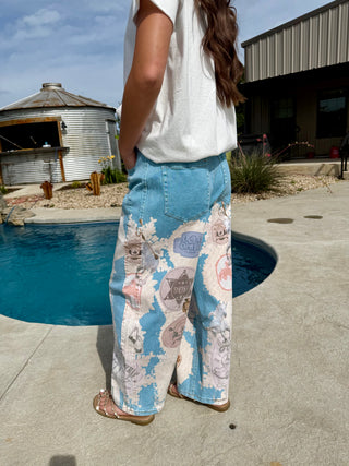 Back of Cowboy Western Printed Barrel Jeans for Women | Vintage Rodeo Wide Leg Denim Pants