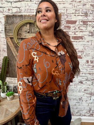 Rust Western Rodeo Print Button Up Shirt – Cowgirl Graphic Blouse