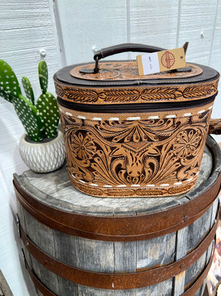Tooled Leather Western Makeup & Jewelry Organizer Case | Cowgirl Travel Cosmetic & Jewelry Box