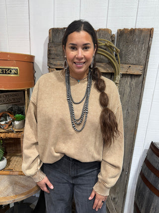 Zenana Camel Acid Wash Crewneck Sweatshirt