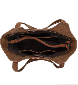 Inside of Trinity Ranch Coffee Cowhide Tooled Tote Bag -Concealed Carry 