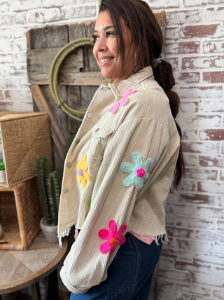 BIBI Distressed Corduroy Jacket with Colorful Crochet Flowers – Western Boho Layering Piece