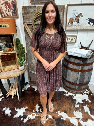 Bronzed Bloom Dress for Women | Western Tooled Print Flutter Sleeve Dress