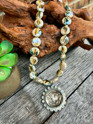 Chunky Ceramic Bead Buffalo Nickel Necklace-Blue