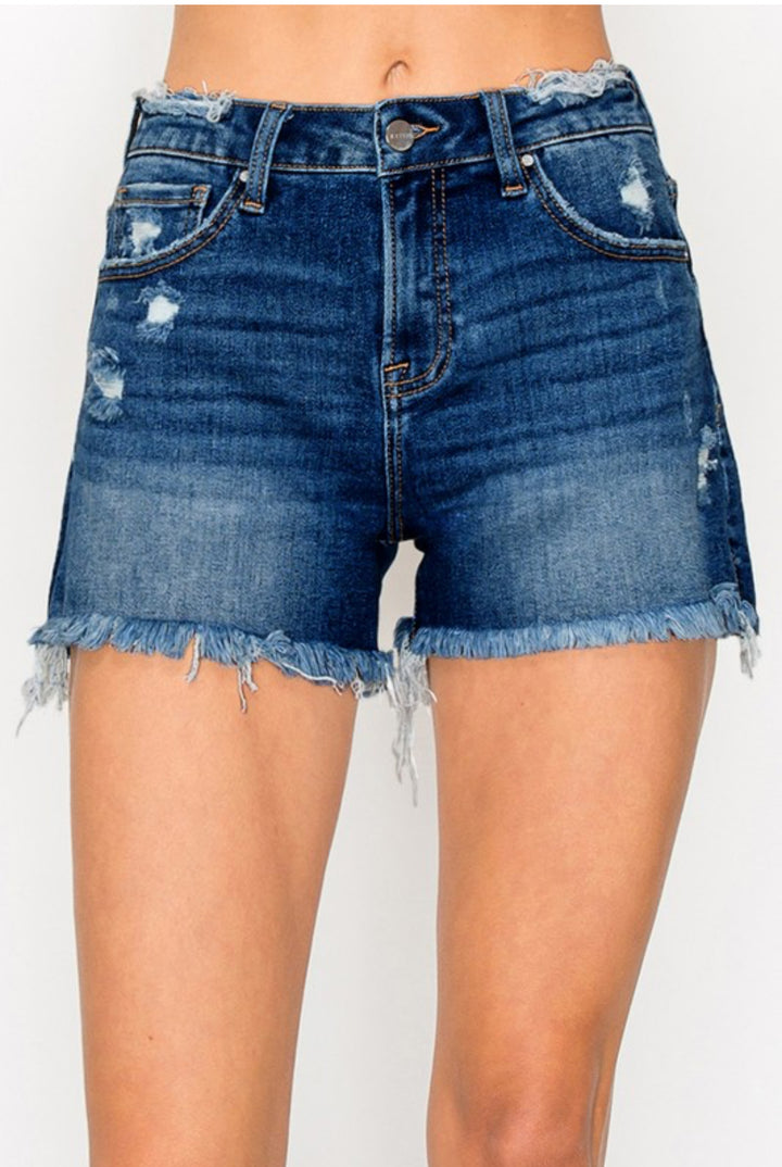Risen Dark Wash Frayed Hem Shorts