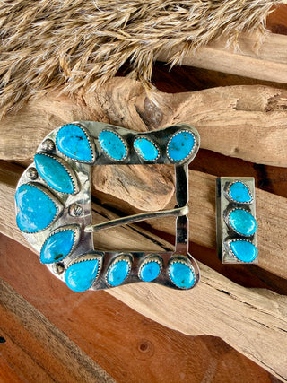 Custom Kingman Turquoise & Sterling Silver Bezels  Belt Buckle Set | Western Buckle & Keeper