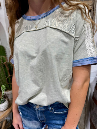 Sage Lace Trim Western Top | Vintage Washed Boho Boutique Tee