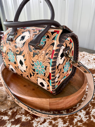 Hand Painted Tooled Leather Speedy Bag Medium – Western Playing Card Purse with Floral Carving, Dice Design & Crossbody Strap