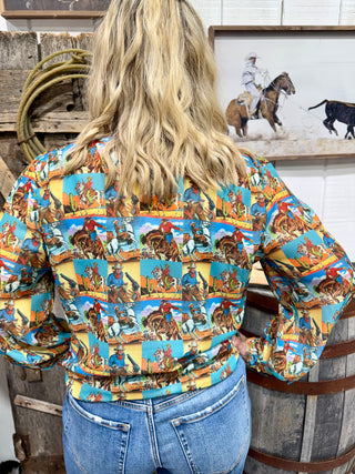 Western Pop Art Tie Neck Sheer Blouse for Women | Retro Cowboy Print Top- Howdy Hanny