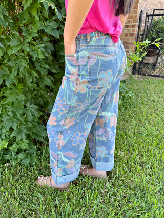 Vintage Floral Wide Leg Denim Jeans