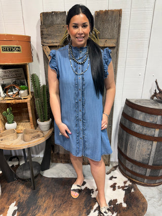 Ruffled Chambray Denim Button-Front Dress | Western Flutter Sleeve Shift Dress Large Ruffled Chambray Denim Button-Front Dress | Western Flutter Sleeve Shift Dress Large