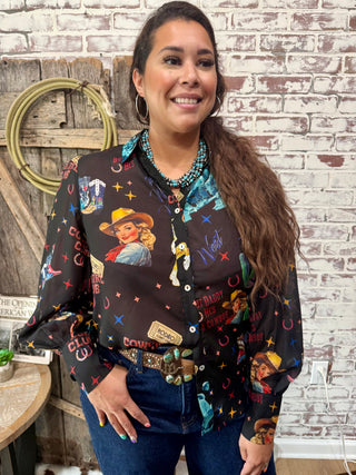 Black Cowgirl Collage Sheer Balloon Sleeve Top