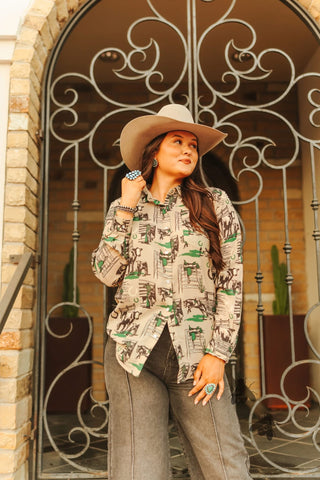 Greener Pastures Sheer Western Ranch Print Button Up – 2 Fly