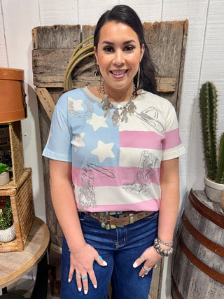 Flag Embroidery Pattern Western Graphic Tee | Cowgirl Boots & Rodeo Icons Shirt