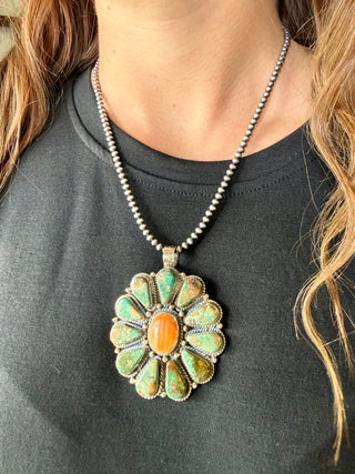Tibetan German Silver Concho Pendant | Royston Turquoise & Orange Spiny Oyster | Fits Up to 10mm Navajo Pearls