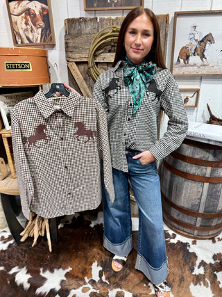 Giddy Up Gingham Horse Button Down
