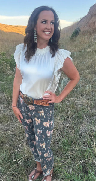 Sterling Kreek Cream Babydoll Ruffle Sleeve Top | Elegant Western Boutique Blouse
