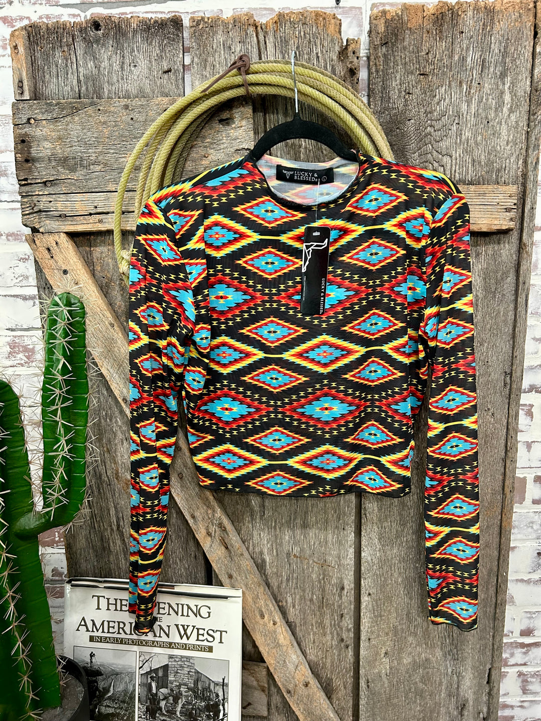 Cropped Aztec Print Mesh Top