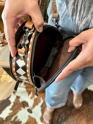 Western Round Crossbody Canteen Bag – Black & White Checkered Leather with Tooled Trim