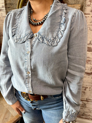 Denim Tencel Blouse with Ruffle Peter Pan Collar – Western Cowgirl Top
